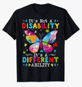 Black t-shirt with colorful butterfly graphic and text on a white background