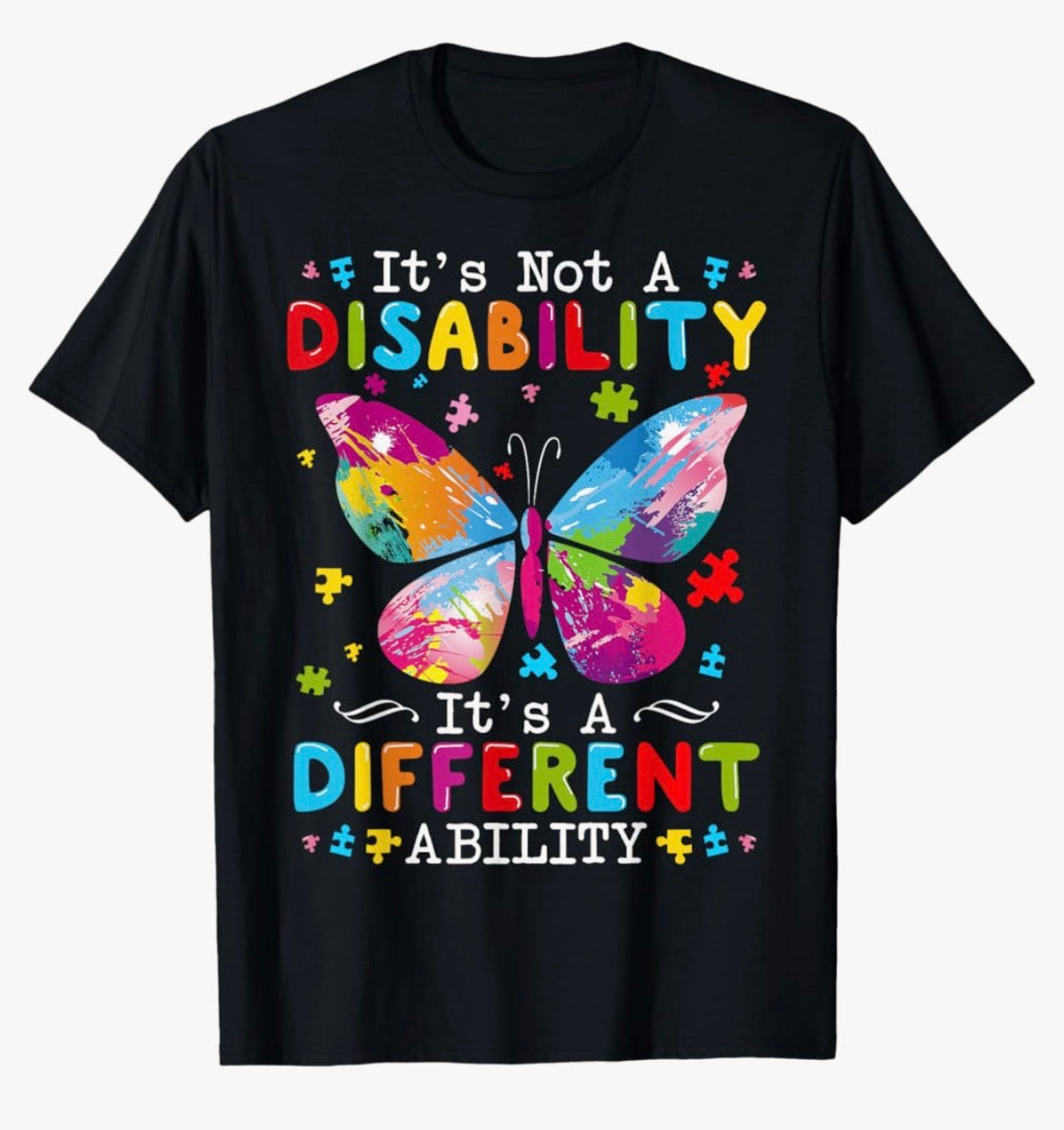 Black t-shirt with colorful butterfly graphic and text on a white background